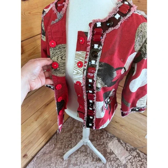 Parsley & Sage Red Abstract Beaded Fringe Jacket Womens Small Art To Wear Blazer - Picture 7 of 10